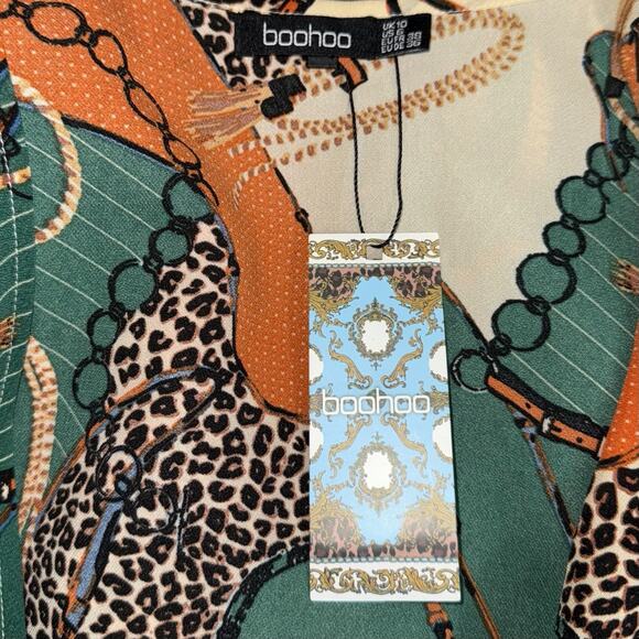 Boohoo Dress Women's 6 Multicolor Chain Link Animal Print Twist Knot Mixed Media - Picture 6 of 9